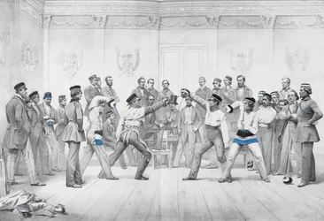 Mensuren of studentleden van het duelgenootschap in Dresden in hun blauw-wit-zwarte uniform