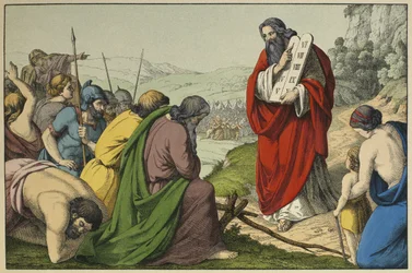 Mozes en de tafelen van de wet, illustratie uit L