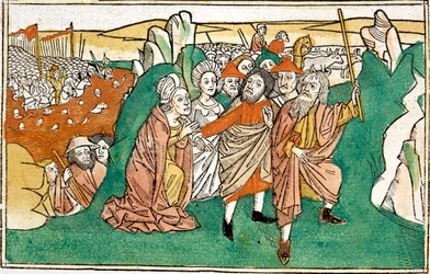 Mozes in de Rode Zee, scène in de Bijbel van Neurenberg, geschreven in het Duits