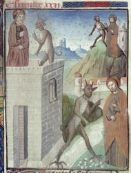Ms Hunter 36 f.110r De drie scènes van de verleiding, uit Vita Christi, door Ludolf van Saksen, ca. 1300-7778