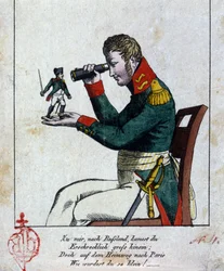 Napoleon I: de veldtocht naar Rusland. Thuis, in Rusland, kwam je verschrikkelijk groot aan, maar op de terugweg naar Parijs, wat was (werd) je klein! (Bovendien rijmt het!!!) Kus. Duitse karikatuur uit de 19e eeuw