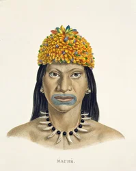Inheemse man van de Mauhe-stam, met hoofdtooi van kleine blauwe en oranje veren, uit Atlas van een reis in Brazilië door Johann Baptist von Spix (1781-1826) en Karl Friedrich Philipp Martius (1794-1868)
