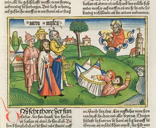 Numeri 16:32 De aarde slokt de rebellen Dathan en Abiram op, uit de Neurenbergse Bijbel (Biblia Sacra Germanaica)