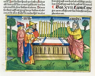 Numeri 17:1-11 Aarons staf bloeit op het altaar, uit de Neurenbergse Bijbel (Biblia Sacra Germanaica)
