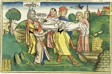 Numeri 20:22-29 De dood van Aäron, uit de Neurenbergse Bijbel (Biblia Sacra Germanaica)