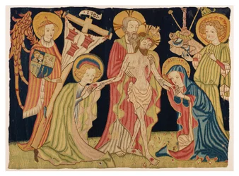 Deel van altaarfrontaal tapijt dat de Heilige Drie-eenheid, de Maagd, St. Johannes en twee Engelen afbeeldt, uit Neurenberg, ca. 1420 (wol & linnen)