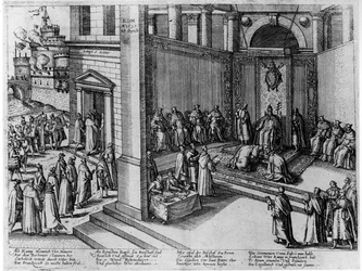 Paus Clemens VIII accepteert de onderwerping van de Franse koning, Henri IV, in St. Pieter op 23 september 1595