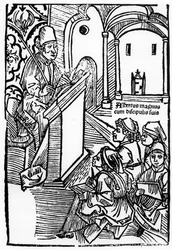Portret van Albertus Magnus met enkele van zijn leerlingen, illustratie voor de titelpagina van Epitomata, reparaties, of het geheel van de natuurfilosofie van Aristoteles door Gerardus de Harderwyck, gepubliceerd 14