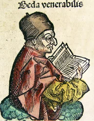 Portret van Bede (673-735), gepubliceerd in de Neurenberg Kroniek, 1493