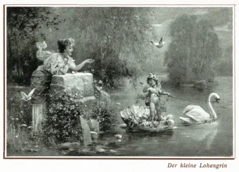 Prentkaart met Lohengrin en de zwaan