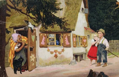 Ansichtkaart die de heks toont die Hans en Grietje uitnodigt om het peperkoekhuisje binnen te gaan, c.1910