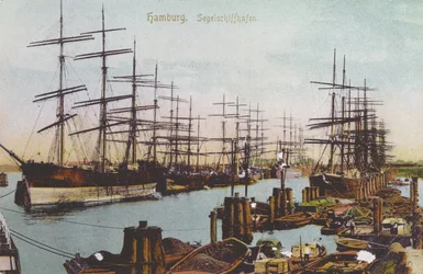 Ansichtkaart van de zeilschepenhaven in Hamburg, ca. 1900