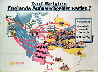 Poster die Duitse bezorgdheid uitdrukt over de voorgestelde bouw van een Kanaaltunnel die België en Engeland verbindt, ca. 1914-18