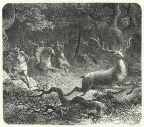 Prehistorische mensen die paarden gebruiken om te jagen (gravure)