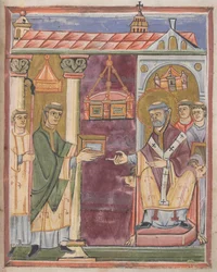 Priester die een boek aanbiedt [aan St. Augustinus?]