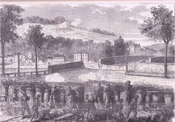 Pruisische redoute die de brug van Sèvres beveelt, Cassells Geschiedenis van de oorlog tussen Frankrijk en Duitsland uitgegeven door Cassell and Company Limited, ca. 1890