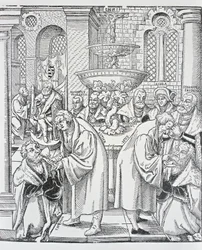 Hervormers Maarten Luther en Jan Hus dienen de communie toe