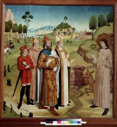 Ontmoeting van de Visigotische koning Wamba (672-680 na Chr.) en de heilige kluizenaar Gilles (Aegidius) (7e eeuw), gewond door een jager, met zijn hinde