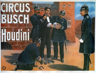 Reproductie van een poster uit 1907 met Houdini voor een ontsnapping uit een Duitse gevangenis
