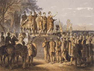 Romeinse leider spreekt zijn leger toe (kleurenlitho)