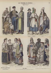 Russische kostuums, eind 19e eeuw (gekleurde gravure)