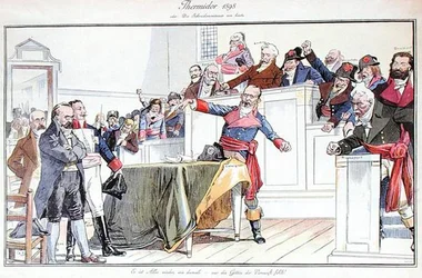 Satirische cartoon die de Dreyfus-affaire als een revolutionair proces afbeeldt