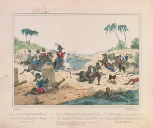 Schermutseling tussen troepen van Keizer Fuastin I van Haïti en de Dominicaanse Republiek van Santo Domingo in april 1851, picturaal pamflet uitgegeven door Fried. Schulz Verlag, Stuttgart, 1851