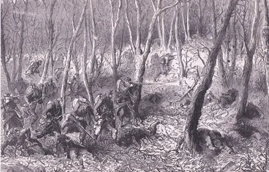 Schermutseling in de bossen buiten Parijs, Cassells Geschiedenis van de Oorlog tussen Frankrijk en Duitsland, uitgegeven door Cassell and Company Limited, ca. 1890