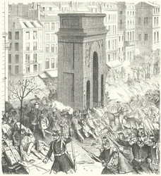 Soldaten op de straten van Parijs tijdens de Franse staatsgreep van december 1851 (gravure)