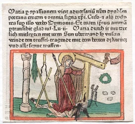 Spiegel Menslicher Behaltnis: De Maagd Maria Overwint een Duivel, 1400s