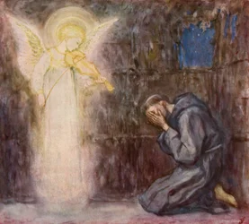 Franciscus en de engel met de hemelse viool (kleurenlitho)