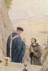 Franciscus viert mis met broeder Leo (kleurenlitho)