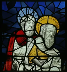 Sint Mattheüs en een andere apostel bij de dood van de Maagd Maria (glas-in-lood)