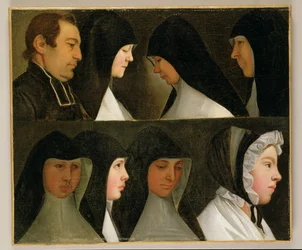 Studie van Nonnen, een Novice en een Abt