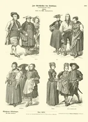 Zwitserse kostuums, eind 18e eeuw (gravure)