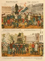 De Elzas rekruten in Straatsburg (Kleberplatz) in 1869 en in Berlijn (Unter den Linden) in 1872, uit Elsaesser Bilderbogen, uitgegeven door A. Schneider, Straatsburg, 1873