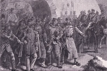 Het Franse leger verlaat Metz, Cassells Geschiedenis van de Oorlog tussen Frankrijk en Duitsland uitgegeven door Cassell and Company Limited, c.1890