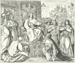 De Heilige Roomse Keizer Hendrik VII roept zijn zoon, Jan van Bohemen, terug (gravure)