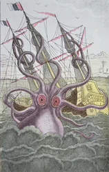De Kraken sleept een schip naar beneden (gekleurde gravure)