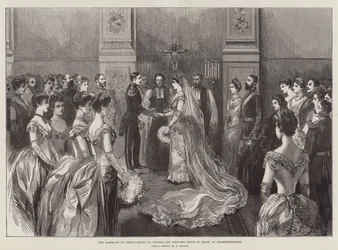 Het huwelijk van prins Hendrik van Pruisen en prinses Irene van Hessen, in Charlottenburg (gravure)