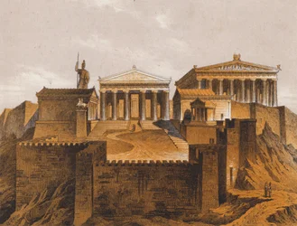 De Propylaea, oud Athene, Griekenland (kleurenlitho)