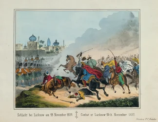 Het Beleg van Lucknow in Uttar Pradesh tijdens de Indiase Opstand van 1857, picturaal pamflet uitgegeven door P.C. Geissler, Neurenberg, 1857