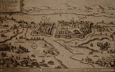 Het beleg van Zolnock door de Turken in 1552, illustratie uit een boek over de Ottomaanse campagnes in Europa, gegraveerd door Paul Furst