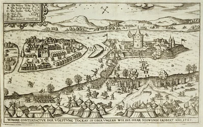 De Stad Tokay Herwonnen van de Turken door Herr Schwendi in 1565, illustratie uit een boek over de Ottomaanse campagnes in Europa, gegraveerd door Paul Furst (ca. 1605-66)