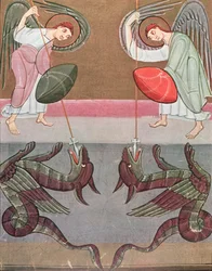 De engelen die St. Michael vergezellen vallen de draken aan, facsimile van de Bamberg Apocalyps