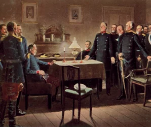 De capitulatie van het fort van Sedan, 2 september 1870 (kleurenlitho)