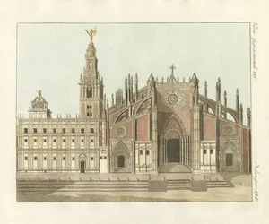 De kathedraal of metropolitane kerk van Sevilla (gekleurde gravure)