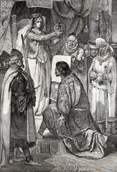 De kroning van Erik XIII van Pommeren tot koning van de Noordse koninkrijken Zweden, Denemarken en Noorwegen door Margaretha I van Denemarken