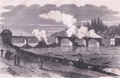 De verdediging van Parijs - het verbranden van de brug van Asnieres, Cassells Geschiedenis van de Oorlog tussen Frankrijk en Duitsland, uitgegeven door Cassell and Company Limited, ca. 1890