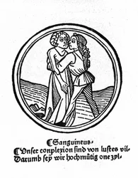 De vier temperamenten: het bloed (warm en vriendelijk) (xylografie, Augsburg 1480)